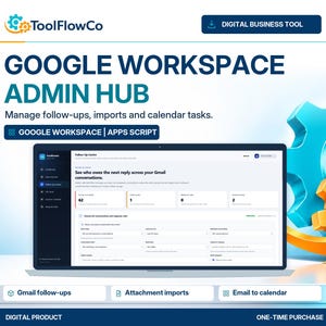 Op de afbeelding: Een digitale zakelijke tool voor Google Workspace Admin Hub met een laptopscherm dat een Follow-Up Centre dashboard toont. De interface bevat tekst voor het beheren van Gmail-follow-ups, bijlage-imports en taken in de agenda.