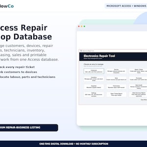 May include: A digital software interface for a repair shop database titled Access Repair Shop Database. The screen displays a menu with buttons for customers, devices, repair tickets, inventory, sales, purchase, suppliers, technicians, stock audit, and settings.