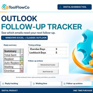 May include: A digital business tool titled Outlook Follow-Up Tracker for Windows Excel and Classic Outlook. The interface displays a reply summary table, timing settings for overdue and lookback days, and buttons for refresh email tracker and bulk follow-up actions, accompanied by blue and orange gear icons.