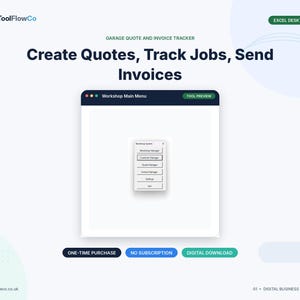 Op de afbeelding: Een digitale garage offerte- en factuurtracker voor Excel desktop door ToolFlowCo. De interface toont een Workshop Main Menu-venster met knoppen voor Workshop Manager, Customer Manager, Quote Manager, Invoice Manager, Settings en Exit.