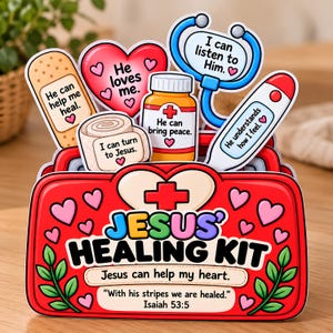 Puede incluir: Un expositor decorativo rojo Jesus' Healing Kit con recortes de temática médica que incluyen una tirita, un corazón, un estetoscopio, un frasco de medicina y un termómetro. Cada pieza incluye textos religiosos como He loves me, He can bring peace y With his stripes we are healed, Isaiah 53:5, impresos en letras negras y de colores.