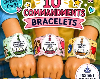 Manualidad imprimible de pulsera de los 10 Mandamientos para niños | Actividad bíblica para la Escuela Bíblica de Vacaciones | Lección de escuela dominical cristiana para preescolares | Moisés Éxodo 20
