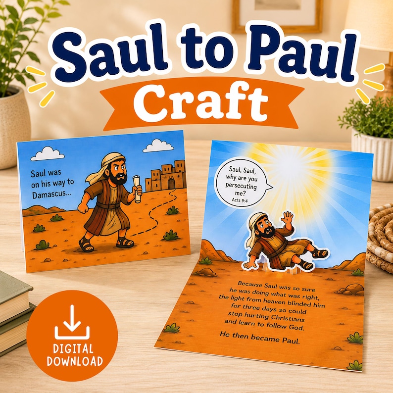 Saul to Paul craft printable for kids featuring pop-up Bible lesson activity for Sunday school and homeschool learning