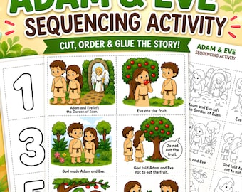 Adam and Eve Sequencing Activity for Kids, Garden of Eden Bible Craft Printable, Genesis 3 Lesson, Sunday School Craft