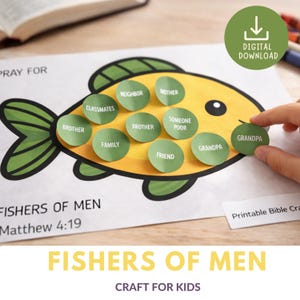 May include: A children's craft activity featuring a yellow fish design with green details and labelled circles. The circles contain words such as "Brother", "Family", and "Grandpa". The text "FISHERS OF MEN" and "CRAFT FOR KIDS" are also visible.