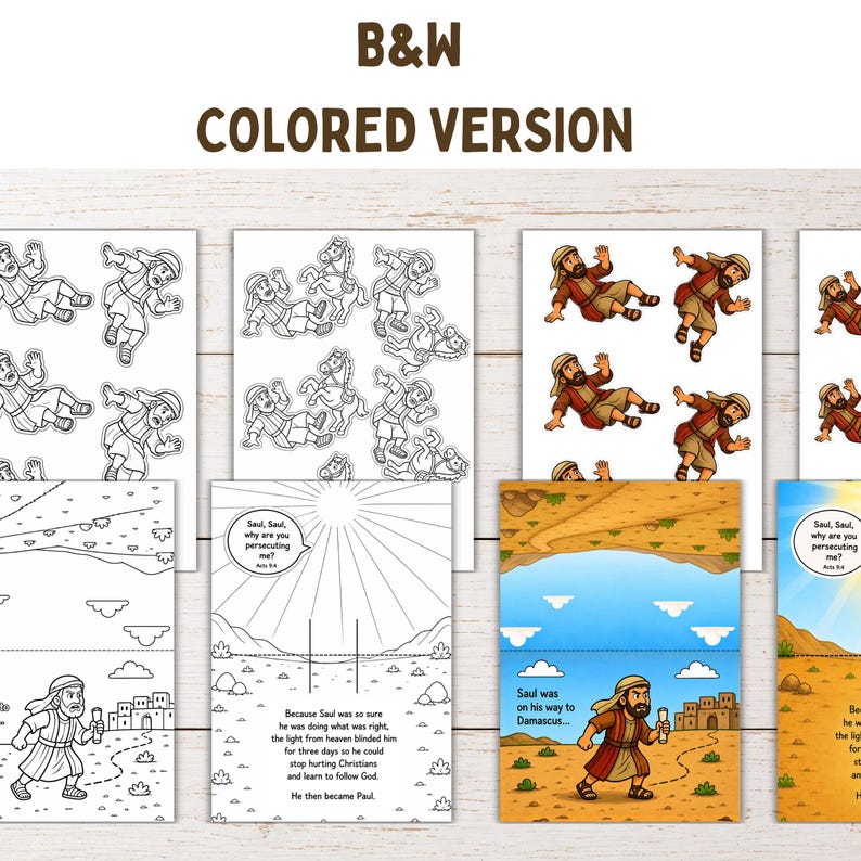 Black and white and colored Saul to Paul printable craft pages for Christian homeschool and Sunday school activities