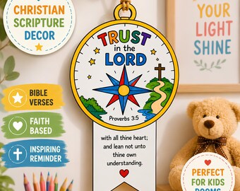 Trust in the Lord Hanging Decor, Proverbs 3:5 Bible Verse Hanger, Christian Kids Room Decor, Scripture Wall Art, Printable Christian Craft