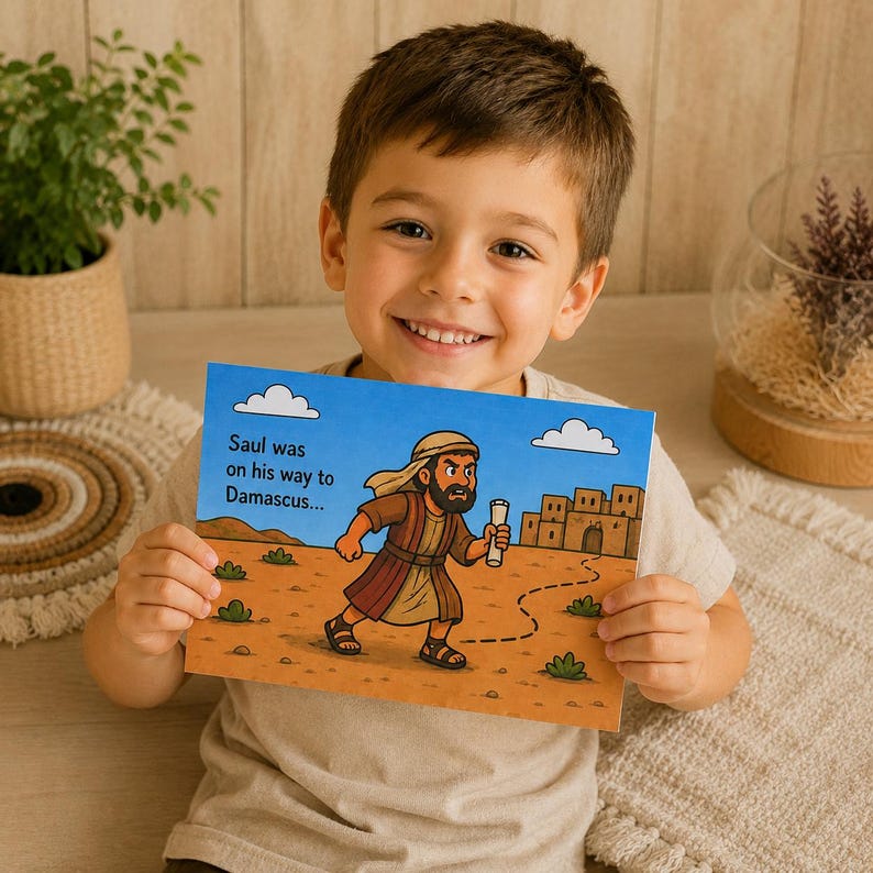 May include: A young child smiles while holding a children's book. The book features an illustration of a man in a brown robe walking on a desert path, with the text "Saul was on his way to Damascus..." against a blue sky.