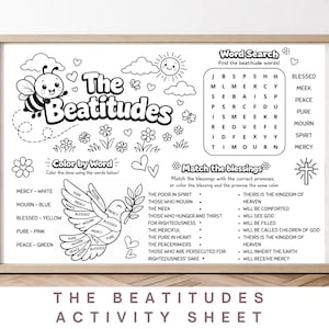 Beatitudes Activity Placemat Printable for Kids, Bible Coloring Page, Sunday School Quiet Church Worksheet, Christian Kids Game