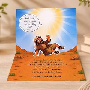 Pop-up Saul becomes Paul Bible story craft showing bright heaven light for preschool Christian education activity
