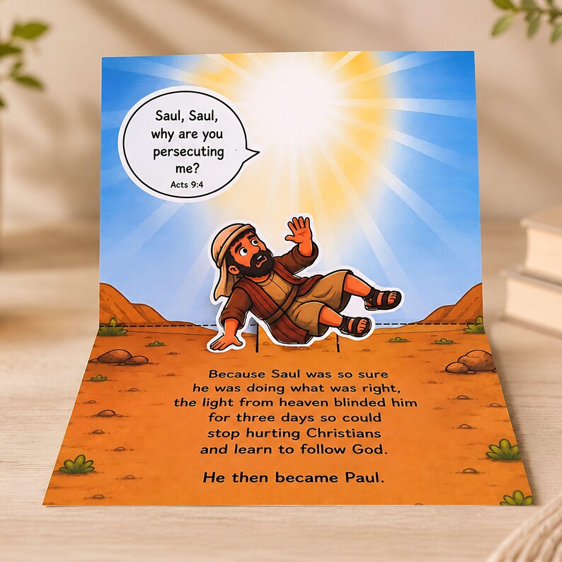 Pop-up Saul becomes Paul Bible story craft showing bright heaven light for preschool Christian education activity