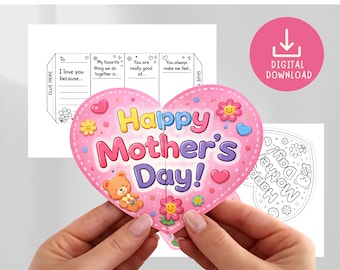 Mother's Day Craft Printable DIY Card, Personalized Mom Gift, Kids Gifts for Mommy, Keepsake Color & Cut Activity,Foldable Coloring Card DIY