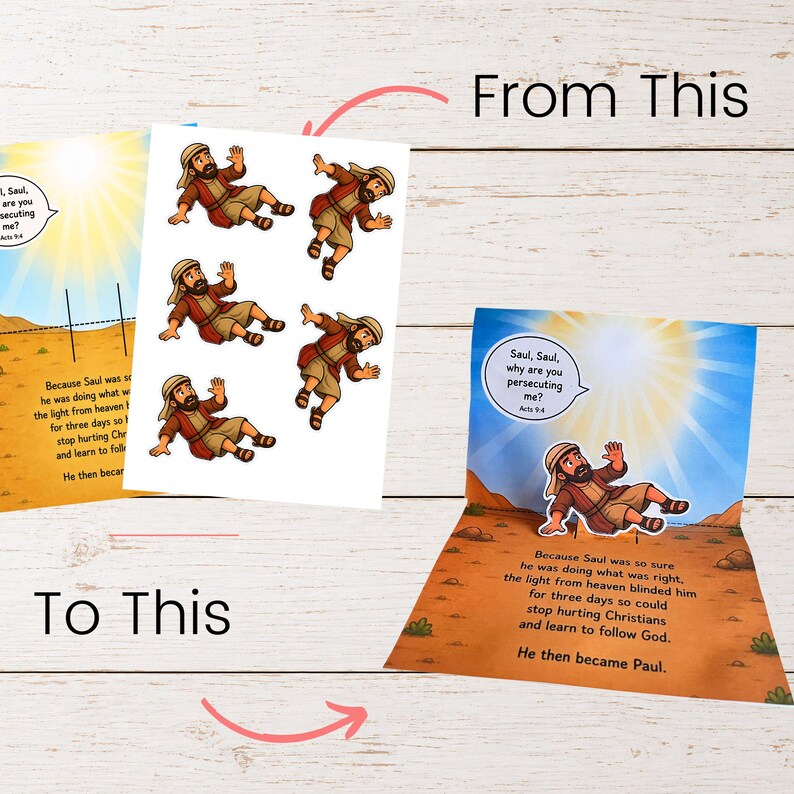 Easy Bible pop-up craft transformation showing Saul becoming Paul for faith-based preschool learning and interactive storytelling