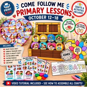 Può includere: Un kit educativo digitale per bambini con un puzzle a forma di cuore, uno scrigno in legno con gettoni, schede bingo sul digiuno e attività creative. Il testo include Come Follow Me Primary Lessons October 12-18.