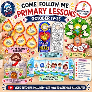 May include: A collection of printable religious craft activities for children, including flame-shaped cards, a stained-glass style door hanger, a tree craft, a castle builder, and an accordion fold-out, all featuring text and illustrations.