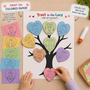 May include: A paper craft activity featuring a white sheet with a black tree illustration and the text Trust in the Lord with all my heart. Several colourful heart-shaped cutouts with black line drawings and text are attached to the tree branches.