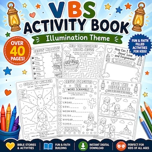 May include: A VBS Activity Book with an Illumination theme, featuring over 40 pages of black and white activity sheets including color by number, word scrambles, and spot the difference puzzles, decorated with lanterns, stars, and hearts.