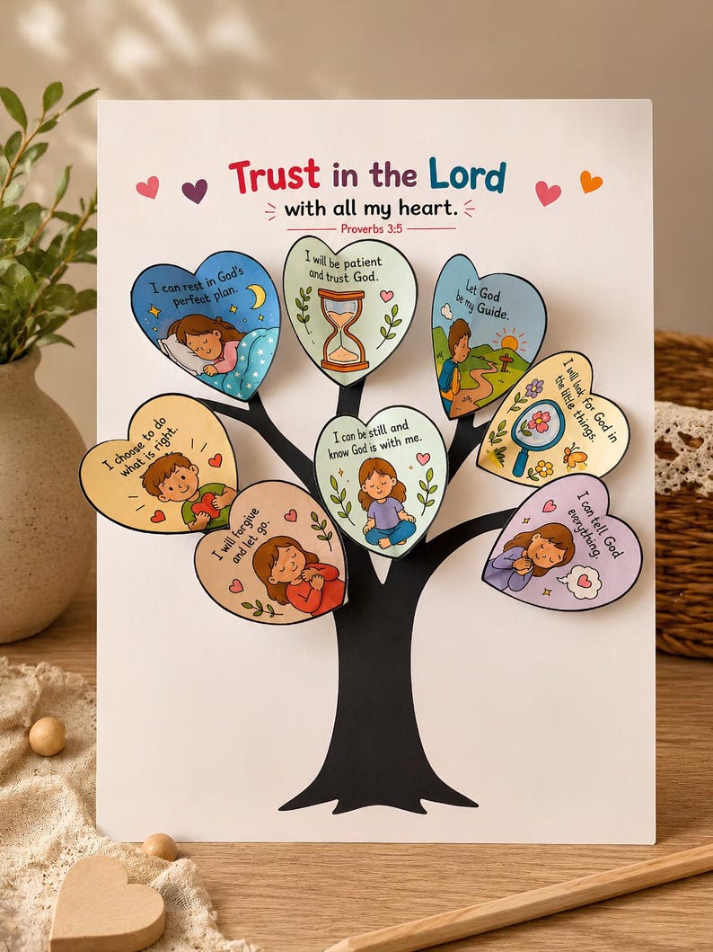 May include: A white poster featuring a black tree illustration with heart-shaped leaves. Each heart contains a colourful cartoon and text, including phrases like 'Trust in the Lord with all my heart' and 'I can rest in God's perfect plan.'