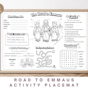 May include: Black and white activity placemat titled "The Road to Emmaus" with word puzzles, a maze, and a quiz. The placemat features illustrations of Jesus and two figures. The text includes "Digital Download".