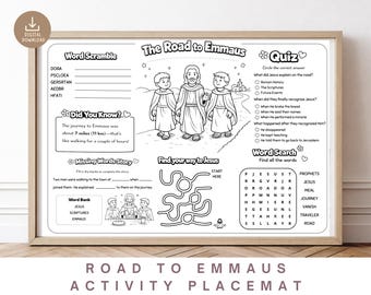 Tapete de actividades "Camino a Emaús", página para colorear "Camino a Emaús", hoja de actividades bíblicas cristianas para la lección de la escuela dominical (PDF)