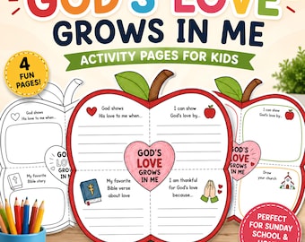 Manualidad del amor de Dios, manualidad cristiana de manzana de otoño para imprimir para niños, manualidad bíblica de otoño para preescolar y jardín de infantes, actividad para la escuela dominical y la escuela bíblica de verano.