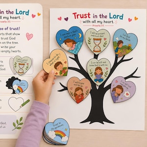 May include: A religious activity set featuring a "Trust in the Lord" tree poster and multiple heart-shaped cards with illustrations and text. The cards depict various actions like praying, resting, and serving, designed to be placed on the tree branches.