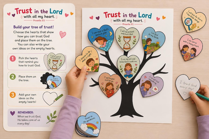 May include: A religious activity set featuring a "Trust in the Lord" tree poster and multiple heart-shaped cards with illustrations and text. The cards depict various actions like praying, resting, and serving, designed to be placed on the tree branches.
