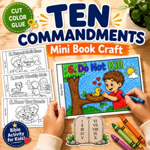 May include: A Ten Commandments mini book craft kit for children featuring black and white coloring pages with religious themes, a colored example page showing a child with a duck, and a stone tablet cutout labeled with Roman numerals I through X.