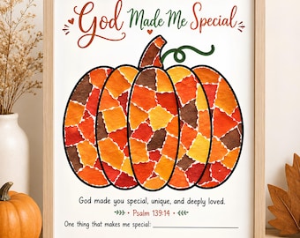 Christian Fall Pumpkin Torn Paper Craft Printable, Thanksgiving DIY Activity for Kids, Autumn Preschool Sunday School Fingerprint Keepsake