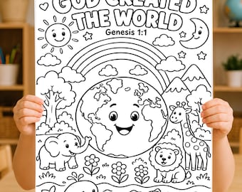 God Created the World Bible Coloring Page | Creation Story Coloring Sheet | Sunday School Kids Activity | Genesis 1:1 Printable for Kids