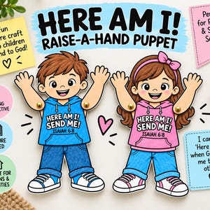 May include: Two paper puppets featuring a boy and a girl with movable arms attached by gold fasteners. Both figures wear hoodies with the text 'HERE AM I! SEND ME! ISAIAH 6:8' printed on the front, blue jeans, and white sneakers. The boy has brown hair, and the girl has brown hair with a pink bow.