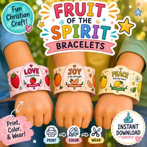 Utskrivbart armband med Andens frukt | VBS Bibelaktivitet för barn | Kristen söndagsskolelektion för förskola | Galaterbrevet 5:22-23