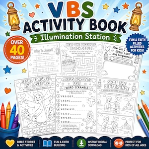 Könnte beinhalten: Ein farbenfrohes VBS-Aktivitätsbuch mit dem Titel "Illumination Station" bietet über 40 Seiten voller unterhaltsamer und glaubensfördernder Aktivitäten für Kinder. Das Buch enthält Bibelgeschichten, Wortsuchrätsel und Malvorlagen. Buntstifte sind sichtbar.