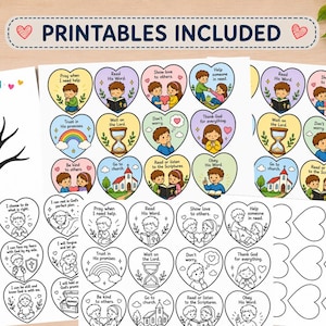 May include: A set of printable activity sheets featuring a black tree outline with the text Trust in the Lord with all my heart, alongside colourful and black-and-white heart-shaped illustrations depicting children engaged in various religious activities.
