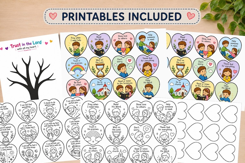 May include: A set of printable activity sheets featuring a black tree outline with the text Trust in the Lord with all my heart, alongside colourful and black-and-white heart-shaped illustrations depicting children engaged in various religious activities.