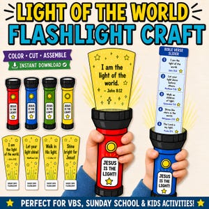Op de afbeelding: Een printbare zaklamp knutselset met rode, blauwe, groene en gele papieren zaklampen met de tekst 'JESUS IS THE LIGHT!' en verwisselbare gele papieren inzetstukken met verschillende bijbelverzen en sterillustraties.