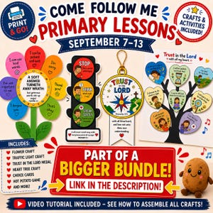 May include: A collection of educational paper crafts featuring a flower with petals displaying phrases, a traffic light cutout with stop, think, and speak instructions, a Trust in the Lord medal, and a heart-shaped tree with religious text.