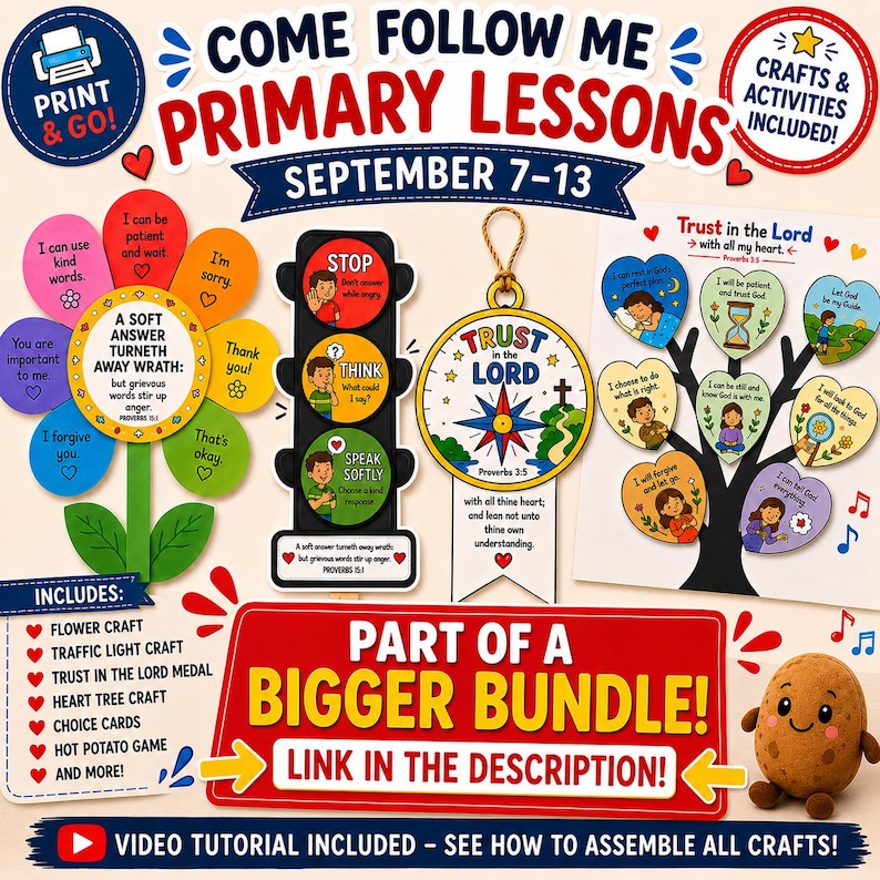 May include: A collection of educational paper crafts featuring a flower with petals displaying phrases, a traffic light cutout with stop, think, and speak instructions, a Trust in the Lord medal, and a heart-shaped tree with religious text.