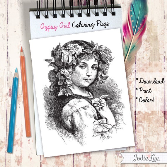 Items similar to Printable Gypsy Girl Coloring Page to Download, Print ...