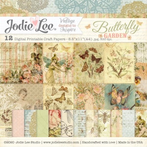 Druckbare Vintage Schmetterlingsgarten und Feen Ephemera Scrapbook Papiere | Junk Journal Seiten | Sofortiger digitaler Download