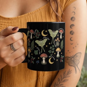 Luna Moth Mug Gothic Kitchen Decor Witchy Dark Academia Botanist Gift for Plant Lover Mushroom Coffee Cup Celestial Occult Gift for Women