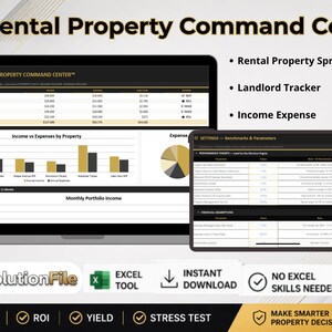 May include: A laptop, tablet, and smartphone display a "Rental Property Command Center" interface. The screen shows financial data, charts, and graphs. The image includes the text "Rental Property Spreadsheet," "Landlord Tracker," and "Income Expense."