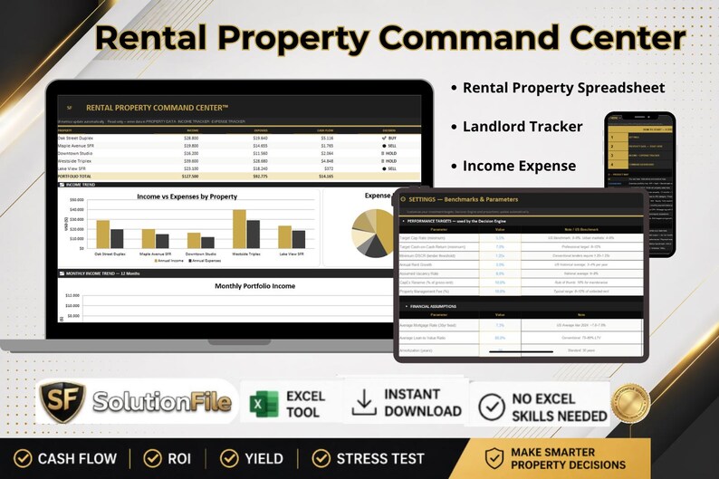 May include: A laptop, tablet, and smartphone display a "Rental Property Command Center" interface. The screen shows financial data, charts, and graphs. The image includes the text "Rental Property Spreadsheet," "Landlord Tracker," and "Income Expense."