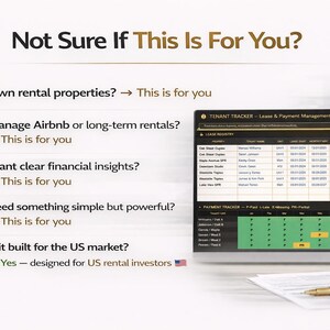 May include: A digital screen displays a tenant tracker for lease and payment management. Text reads "Not Sure If This Is For You?" with bullet points about rental properties, Airbnb management, financial insights, and US market design.