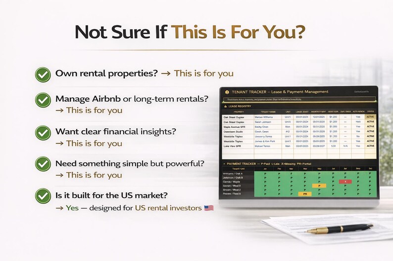 May include: A digital screen displays a tenant tracker for lease and payment management. Text reads "Not Sure If This Is For You?" with bullet points about rental properties, Airbnb management, financial insights, and US market design.