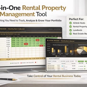 May include: A computer monitor and tablet displaying a rental property management tool. The screen shows income tracking data and a dashboard with charts. Text includes "All-in-One Rental Property Management Tool" and "Take Control of Your Rental Business Today."