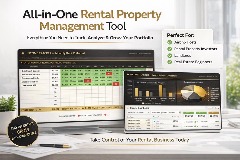 May include: A computer monitor and tablet displaying a rental property management tool. The screen shows income tracking data and a dashboard with charts. Text includes "All-in-One Rental Property Management Tool" and "Take Control of Your Rental Business Today."