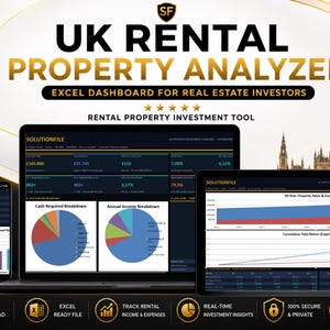 Pode incluir: Imagem de marketing digital para um UK Rental Property Analyzer. A imagem mostra um laptop, tablet e smartphone exibindo dados financeiros, gráficos e tabelas. O texto inclui "UK Rental Property Analyzer" e "Excel Dashboard for Real Estate Investors".