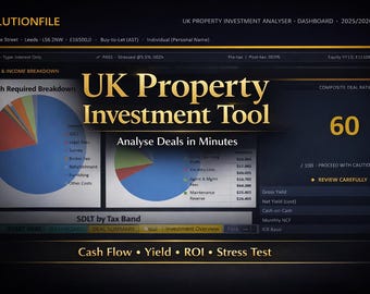 Britse vastgoedbeleggingscalculator Excel: ROI van kopen om te verhuren, cashflowdashboard (digitale download)