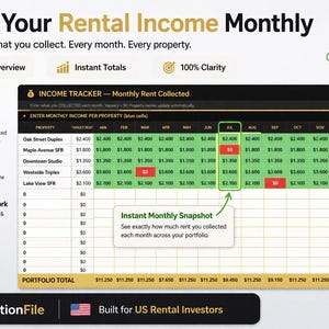 May include: A digital income tracker displays monthly rental income data. The spreadsheet shows rent collected, with green highlighting income and red indicating vacancies. The text reads "Track Your Rental Income Monthly" and "Built for US Rental Investors."